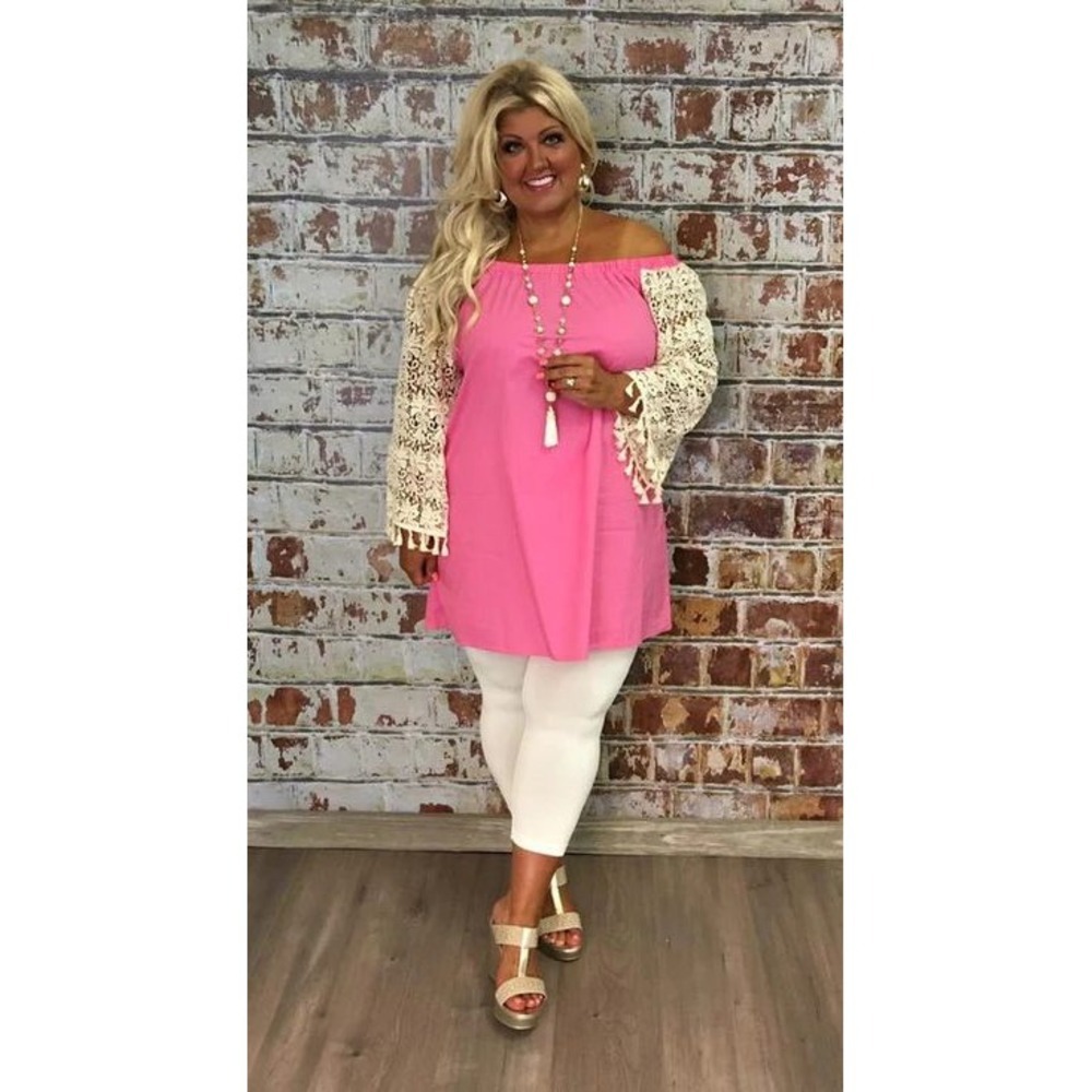 Elzera Pink Off‎ Shoulder Dress Crochet Bell Sleeves Tassel Accent Boho 2XL